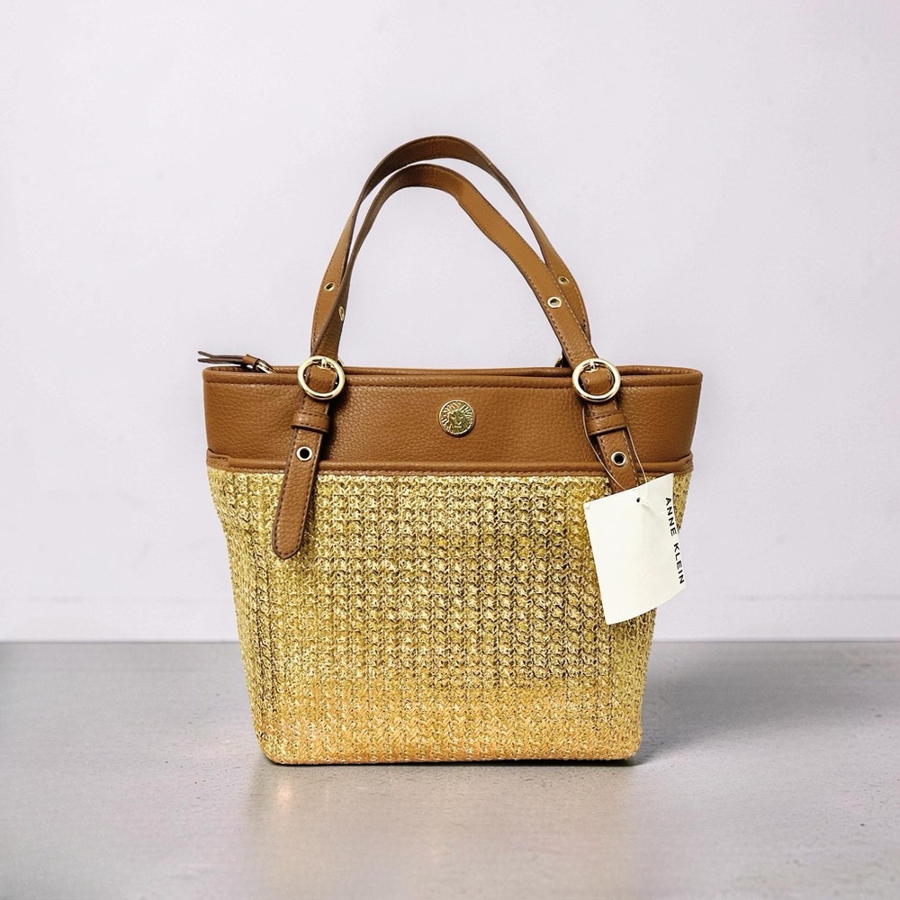 Anne Klein Gold Metallic Woven Tote with Tan Trim